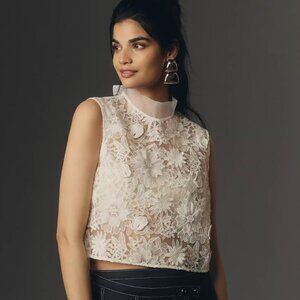 Anthropologie Maeve Sleeveless Sheer Lace Floral Cropped Blouse White
